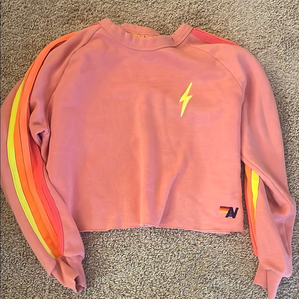 Aviator Nation Pink Sweater with Rainbow Stripes